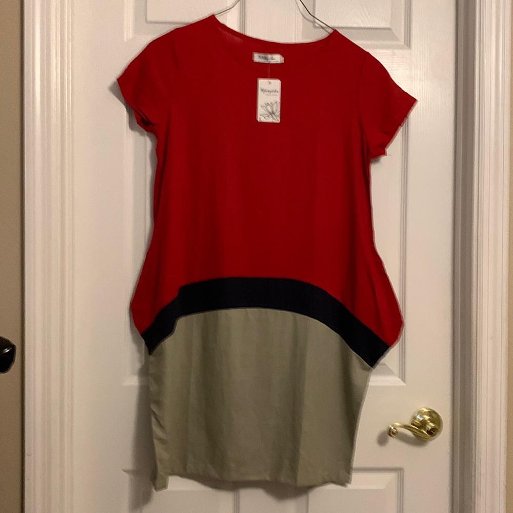 NWT Yipinyichu Unique Red, Tan & Black Dress, size L.